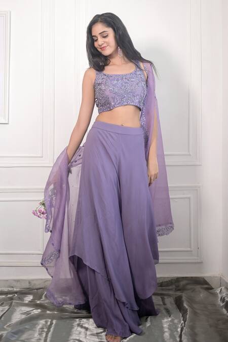Buy_PIRI INDIA_Purple Georgette, Chanderi Sequins, Beads, Hand Embroidered Cape Palazzo Set 