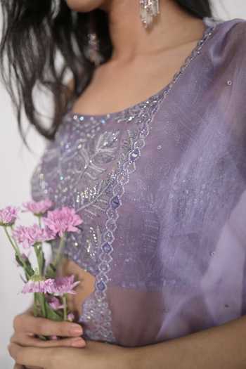 PIRI INDIA_Purple Chanderi, Georgette, Organza Embroidery, Hand Blouse Layered Lehenga Set _Online_at_Aza_Fashions