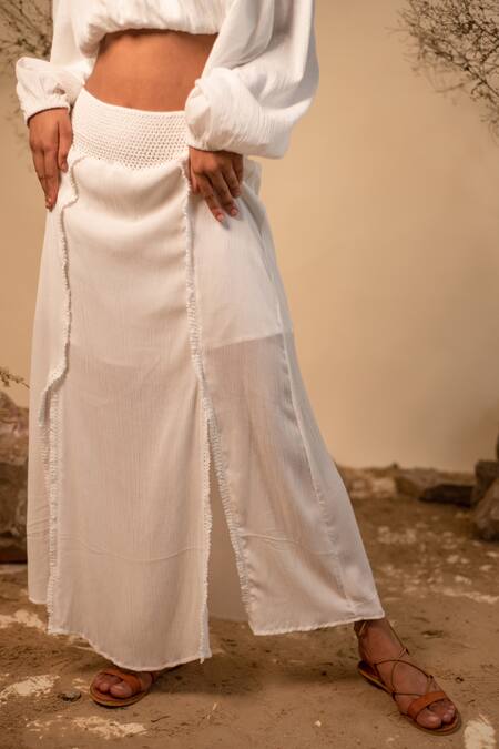 Shop_Label Reyya_White Rayon Crepe Embroidered Lace One Shoulder Balloon Sleeve Top And Skirt Set_Online_at_Aza_Fashions