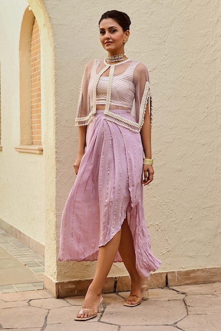 Shop Palak & Mehak Purple Rayon, Wool Pearls, Embroidery Freya Stripe Pattern Skirt Set With Cape Online at Aza Fashions Shop_Palak & Mehak_Purple Rayon, Wool Pearls, Embroidery Freya Stripe Pattern Skirt Set With Cape _Online_at_Aza_Fashions