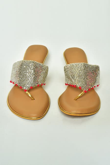 Nazaakat By Samara Singh_Gold Beads Embellished Wedges_Online_at_Aza_Fashions