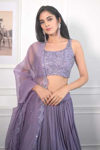 Buy_PIRI INDIA_Purple Chanderi, Georgette, Organza Embroidery, Hand Blouse Layered Lehenga Set _Online_at_Aza_Fashions