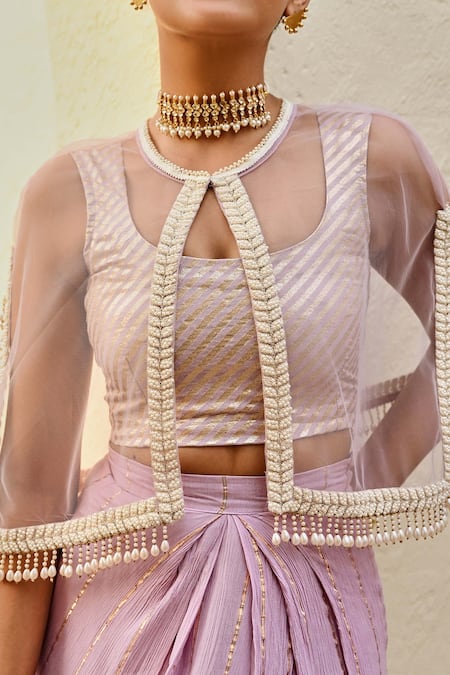 Palak & Mehak Purple Rayon, Wool Pearls, Embroidery Freya Stripe Pattern Skirt Set With Cape at Aza Fashions Palak & Mehak_Purple Rayon, Wool Pearls, Embroidery Freya Stripe Pattern Skirt Set With Cape _at_Aza_Fashions