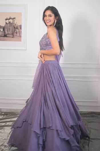 Shop_PIRI INDIA_Purple Chanderi, Georgette, Organza Embroidery, Hand Blouse Layered Lehenga Set _Online_at_Aza_Fashions