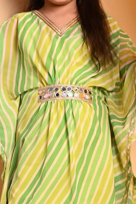 Kids Lane_Green Georgette, Cotton Mirrors Leheriya Print Kaftan And Pant Set_Online_at_Aza_Fashions