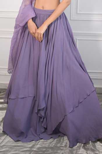 PIRI INDIA_Purple Chanderi, Georgette, Organza Embroidery, Hand Blouse Layered Lehenga Set _at_Aza_Fashions