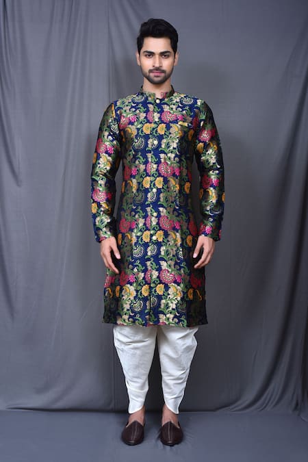 Shop_Arihant Rai Sinha_Blue Silk Embroidery Floral Woven Kurta And Cowl Pant Set _Online_at_Aza_Fashions