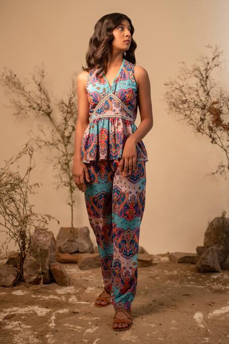 Label Reyya_Multi Color Polyester Lace V-neck Paisley Print Top And Pant Set _Online_at_Aza_Fashions