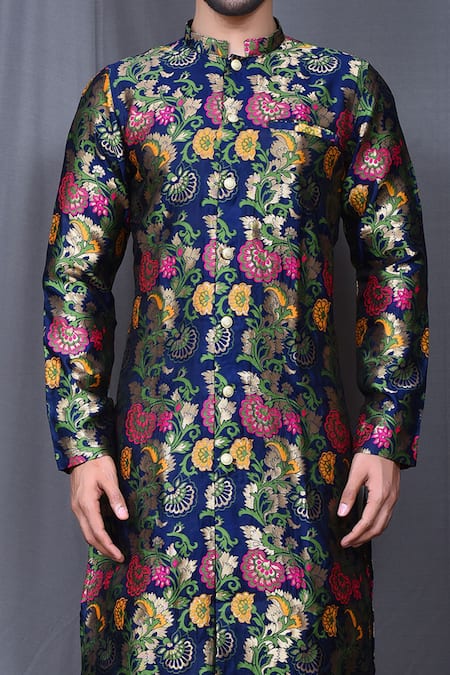 Shop_Arihant Rai Sinha_Blue Silk Embroidery Floral Woven Kurta And Cowl Pant Set 