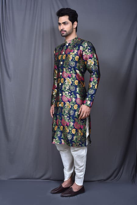 Arihant Rai Sinha_Blue Silk Embroidery Floral Woven Kurta And Cowl Pant Set _at_Aza_Fashions