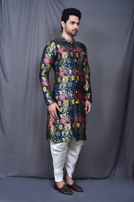 Buy_Arihant Rai Sinha_Blue Silk Embroidery Floral Woven Kurta And Cowl Pant Set 