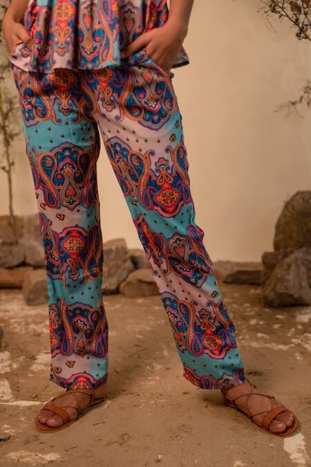 Label Reyya_Multi Color Polyester Lace V-neck Paisley Print Top And Pant Set _at_Aza_Fashions