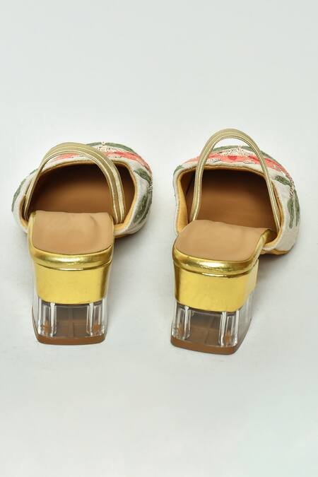 Shop_Naintara Bajaj_Beige Embroidered Floral Mule Block Heels_Online_at_Aza_Fashions