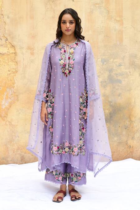 Buy_Label Niti Bothra_Purple Silk, Chiffon Embroidery, Lace Flower Vine Kurta Set _Online_at_Aza_Fashions