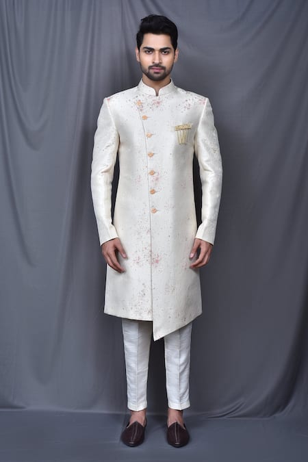 Shop_Arihant Rai Sinha_Cream Silk, Jacquard Asymmetric Sherwani Set _Online_at_Aza_Fashions