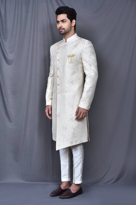 Arihant Rai Sinha_Cream Silk, Jacquard Asymmetric Sherwani Set _at_Aza_Fashions