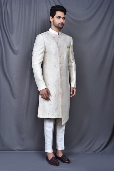 Buy_Arihant Rai Sinha_Cream Silk, Jacquard Asymmetric Sherwani Set 