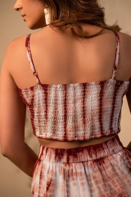 Label Reyya_Maroon Rayon Staple Printed Tie-dye V Neck Bralette_at_Aza_Fashions