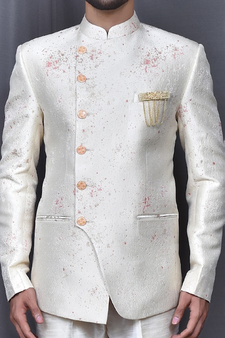 Buy_Arihant Rai Sinha_Cream Silk, Jacquard Overlap Bandhgala Pant Set _Online_at_Aza_Fashions