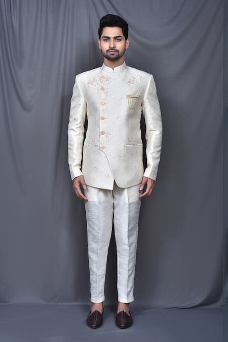 Shop_Arihant Rai Sinha_Cream Silk, Jacquard Overlap Bandhgala Pant Set _Online_at_Aza_Fashions