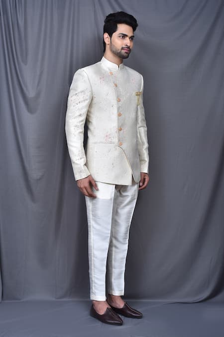 Arihant Rai Sinha_Cream Silk, Jacquard Overlap Bandhgala Pant Set _at_Aza_Fashions