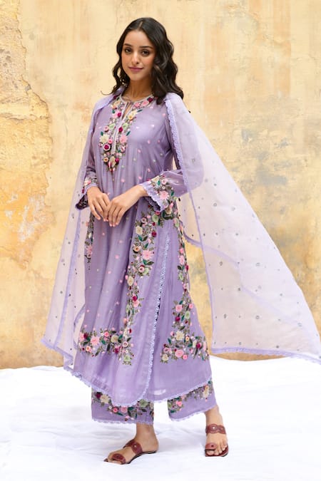 Shop_Label Niti Bothra_Purple Silk, Chiffon Embroidery, Lace Flower Vine Kurta Set _Online_at_Aza_Fashions