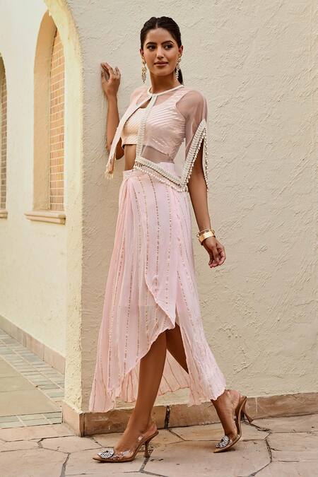 Shop Palak & Mehak Pink Rayon, Crepe, Lurex Pearls Round Freya Stripe Woven Skirt Set With Cape Online at Aza Fashions Shop_Palak & Mehak_Pink Rayon, Crepe, Lurex Pearls Round Freya Stripe Woven Skirt Set With Cape _Online_at_Aza_Fashions
