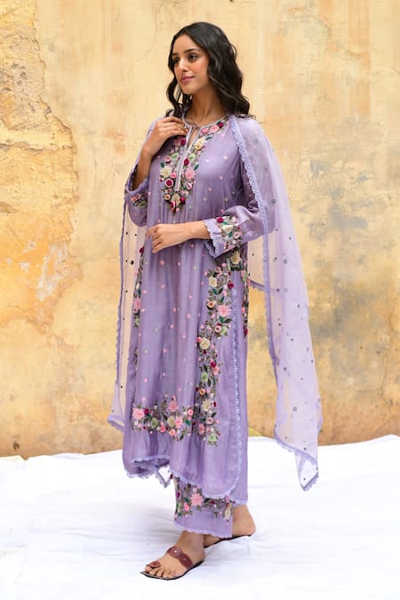 Label Niti Bothra_Purple Silk, Chiffon Embroidery, Lace Flower Vine Kurta Set _at_Aza_Fashions
