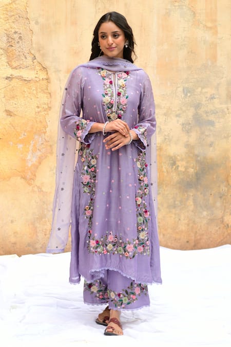 Buy_Label Niti Bothra_Purple Silk, Chiffon Embroidery, Lace Flower Vine Kurta Set 