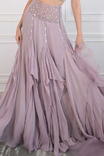 Buy_PIRI INDIA_Purple Tulle, Organza, Georgette Embroidery, Hand Blouse Godet Lehenga Set _Online_at_Aza_Fashions