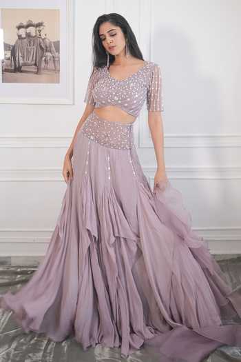 Shop_PIRI INDIA_Purple Tulle, Organza, Georgette Embroidery, Hand Blouse Godet Lehenga Set _Online_at_Aza_Fashions