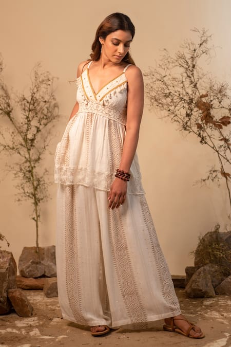 Label Reyya_Off White Cotton, Rayon Embroidery, Lace, Tassels Geometric Print Top And Pant Set _Online_at_Aza_Fashions