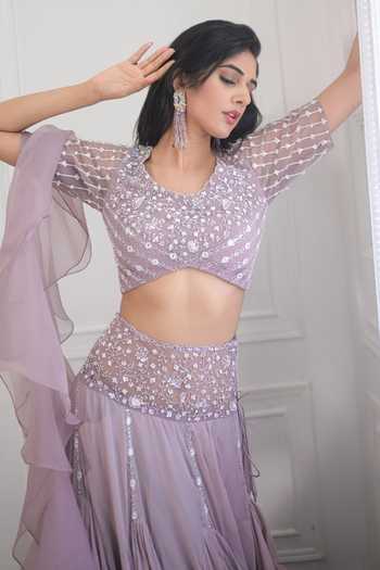 PIRI INDIA_Purple Tulle, Organza, Georgette Embroidery, Hand Blouse Godet Lehenga Set _at_Aza_Fashions