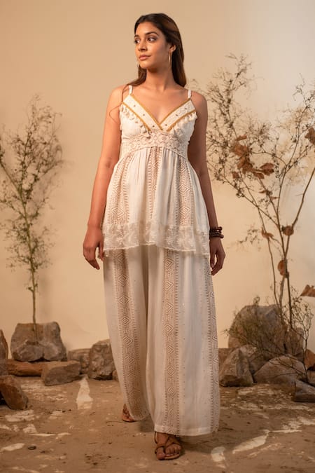 Buy_Label Reyya_Off White Cotton, Rayon Embroidery, Lace, Tassels Geometric Print Top And Pant Set _Online_at_Aza_Fashions