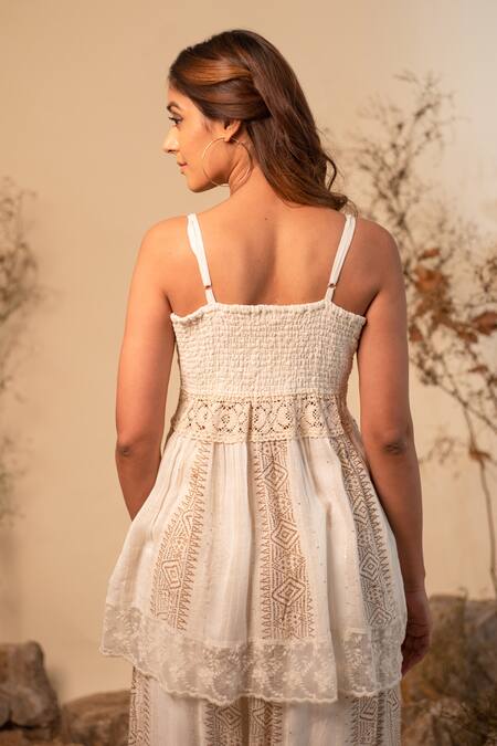 Shop_Label Reyya_Off White Cotton, Rayon Embroidery, Lace, Tassels Geometric Print Top And Pant Set _Online_at_Aza_Fashions