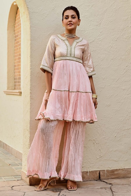 Palak & Mehak_Pink Cotton Pearls, Embroidery Split Ananya Stripe Woven Kurta And Flared Pant Set _Online_at_Aza_Fashions