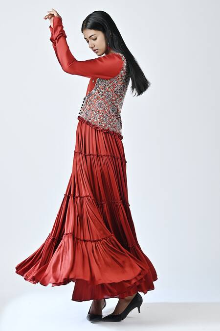 Sejal Kamdar_Red Crepe Silk Printed And Hand Embroidered Ajrakh Yoke Tiered Dress  _Online_at_Aza_Fashions