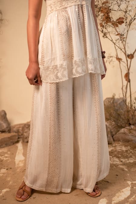 Shop_Label Reyya_Off White Cotton, Rayon Embroidery, Lace, Tassels Geometric Print Top And Pant Set 