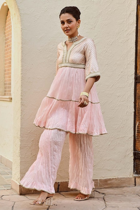 Buy_Palak & Mehak_Pink Cotton Pearls, Embroidery Split Ananya Stripe Woven Kurta And Flared Pant Set _Online_at_Aza_Fashions