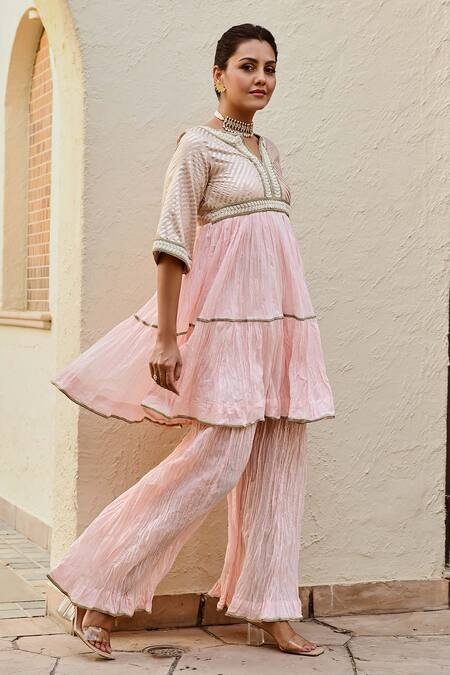 Shop_Palak & Mehak_Pink Cotton Pearls, Embroidery Split Ananya Stripe Woven Kurta And Flared Pant Set _Online_at_Aza_Fashions