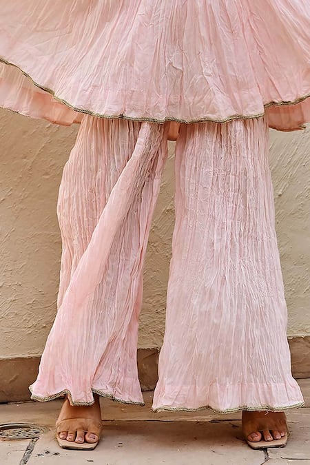 Buy_Palak & Mehak_Pink Cotton Pearls, Embroidery Split Ananya Stripe Woven Kurta And Flared Pant Set 