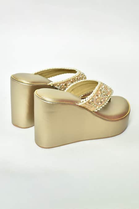 Buy_Naintara Bajaj_Brown Embellished Strap Wedges_Online_at_Aza_Fashions
