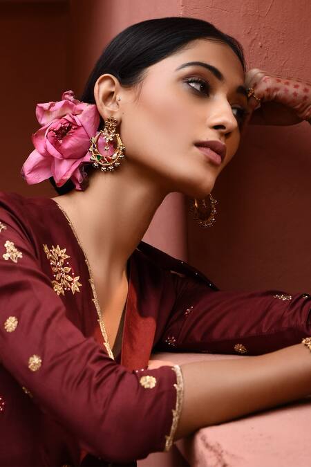 Shop_Deep Thee_Maroon Silk Zari, Embroidery V-neck Angrakha Set _Online_at_Aza_Fashions