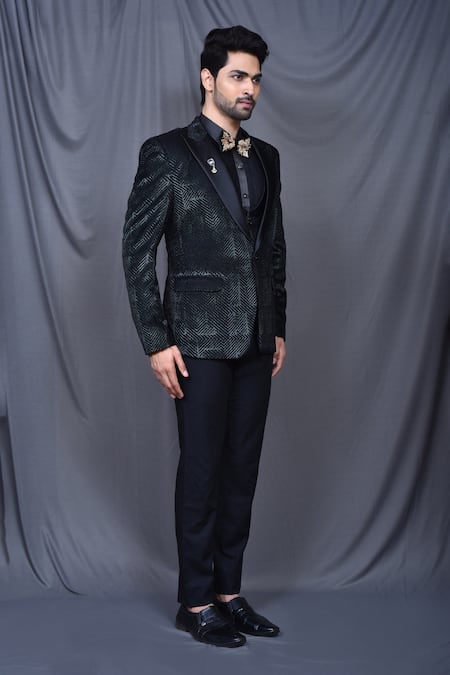 Shop_Arihant Rai Sinha_Green Satin, Terrycloth, Velvet Geometric Print Suit Pant Set 