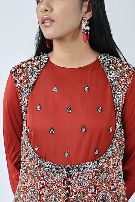 Buy_Sejal Kamdar_Red Crepe Silk Printed And Hand Embroidered Ajrakh Yoke Tiered Dress  _Online_at_Aza_Fashions