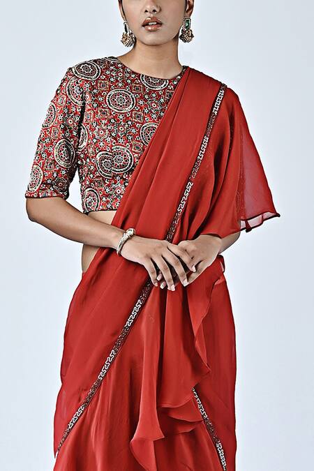 Sejal Kamdar Red German Satin Printed And Hand Pre-draped Ruffle Saree With Blouse Online at Aza Fashions Sejal Kamdar_Red German Satin Printed And Hand Pre-draped Ruffle Saree With Blouse _Online_at_Aza_Fashions