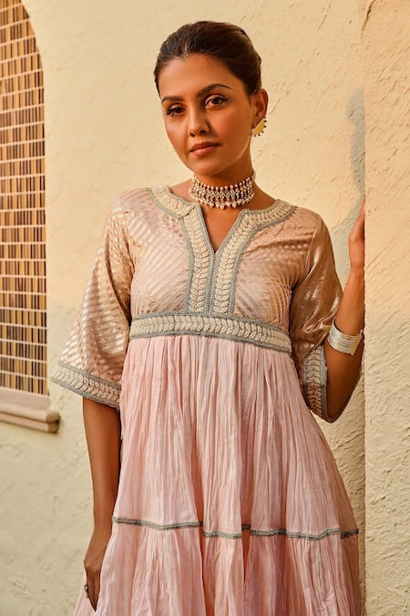 Palak & Mehak_Pink Cotton Pearls, Embroidery Split Ananya Stripe Woven Kurta And Flared Pant Set _at_Aza_Fashions