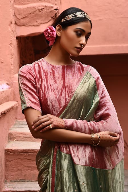 Deep Thee_Green Tissue Zari, Embroidery Round Neck Metallic Saree With Blouse _Online_at_Aza_Fashions