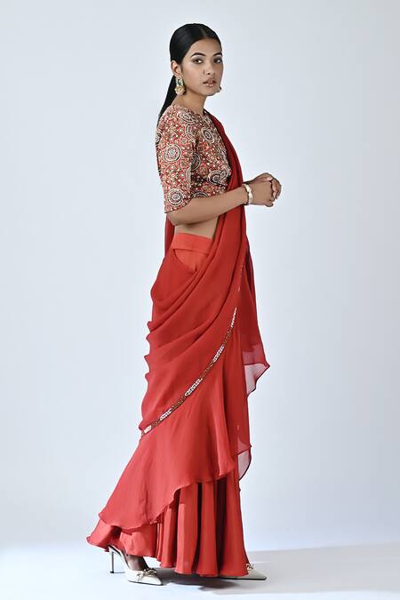 Buy_Sejal Kamdar_Red German Satin Printed And Hand Pre-draped Ruffle Saree With Blouse  _Online_at_Aza_Fashions