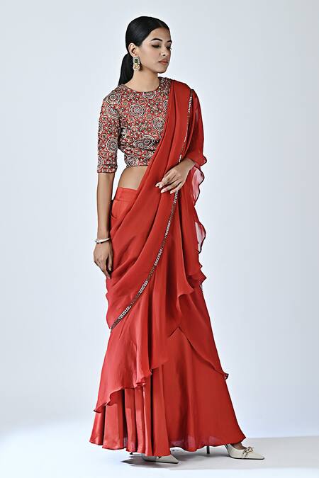 Shop_Sejal Kamdar_Red German Satin Printed And Hand Pre-draped Ruffle Saree With Blouse  _Online_at_Aza_Fashions